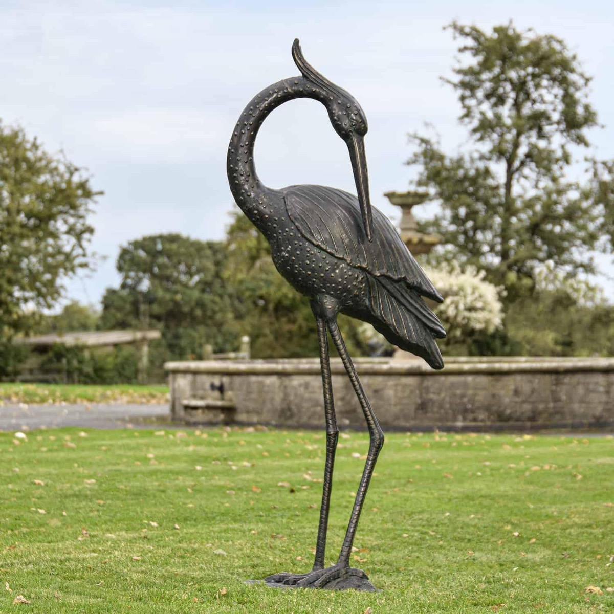 Cast Aluminium Freestanding Heron Garden Sculpture-Head Down