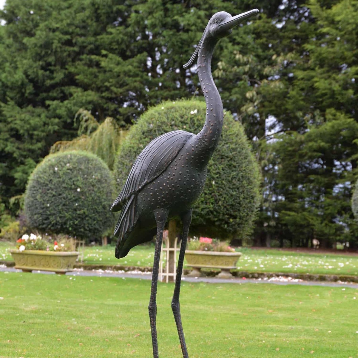 Cast Aluminium Freestanding Heron Garden Sculpture-Head Up
