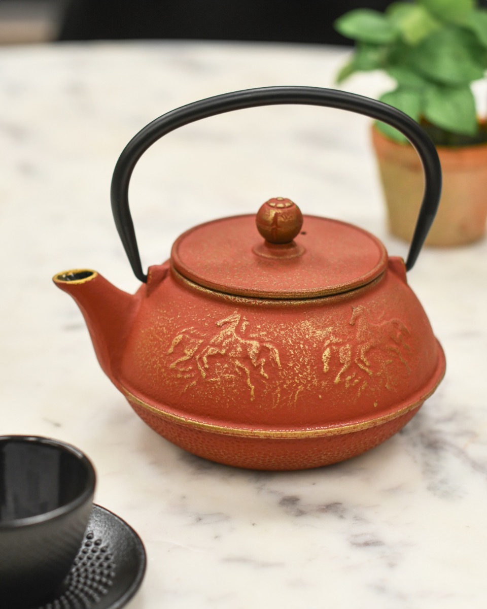 Cast Iron Pink Gold Japanese Horse Teapot