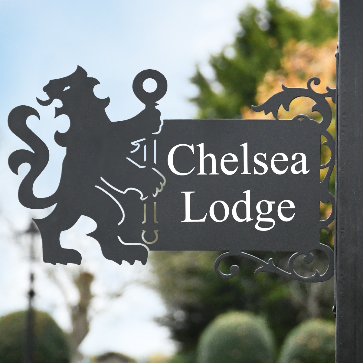Lion with Staff Bracketed House Name Sign