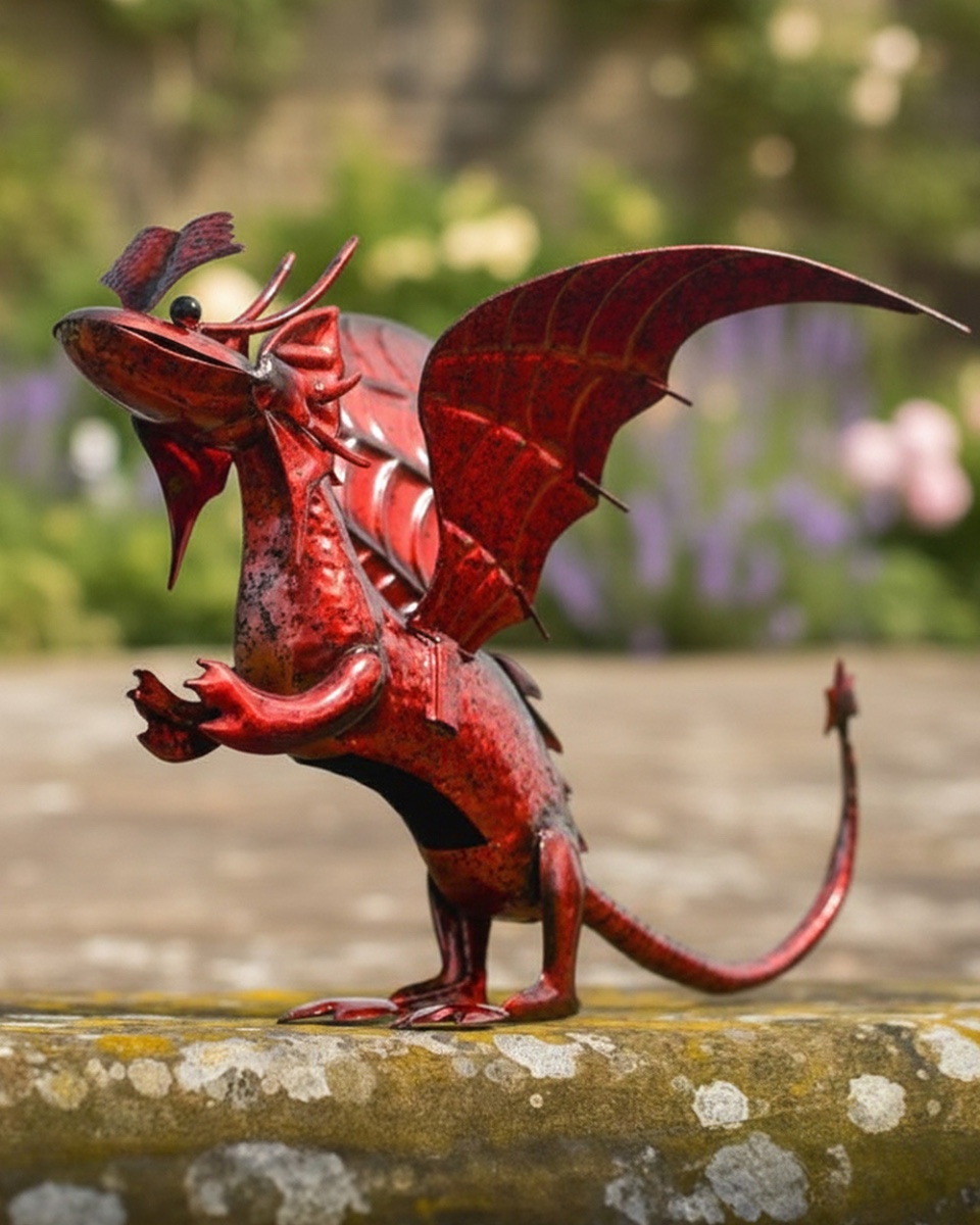 Red Metal Baby Dragon Garden Sculpture