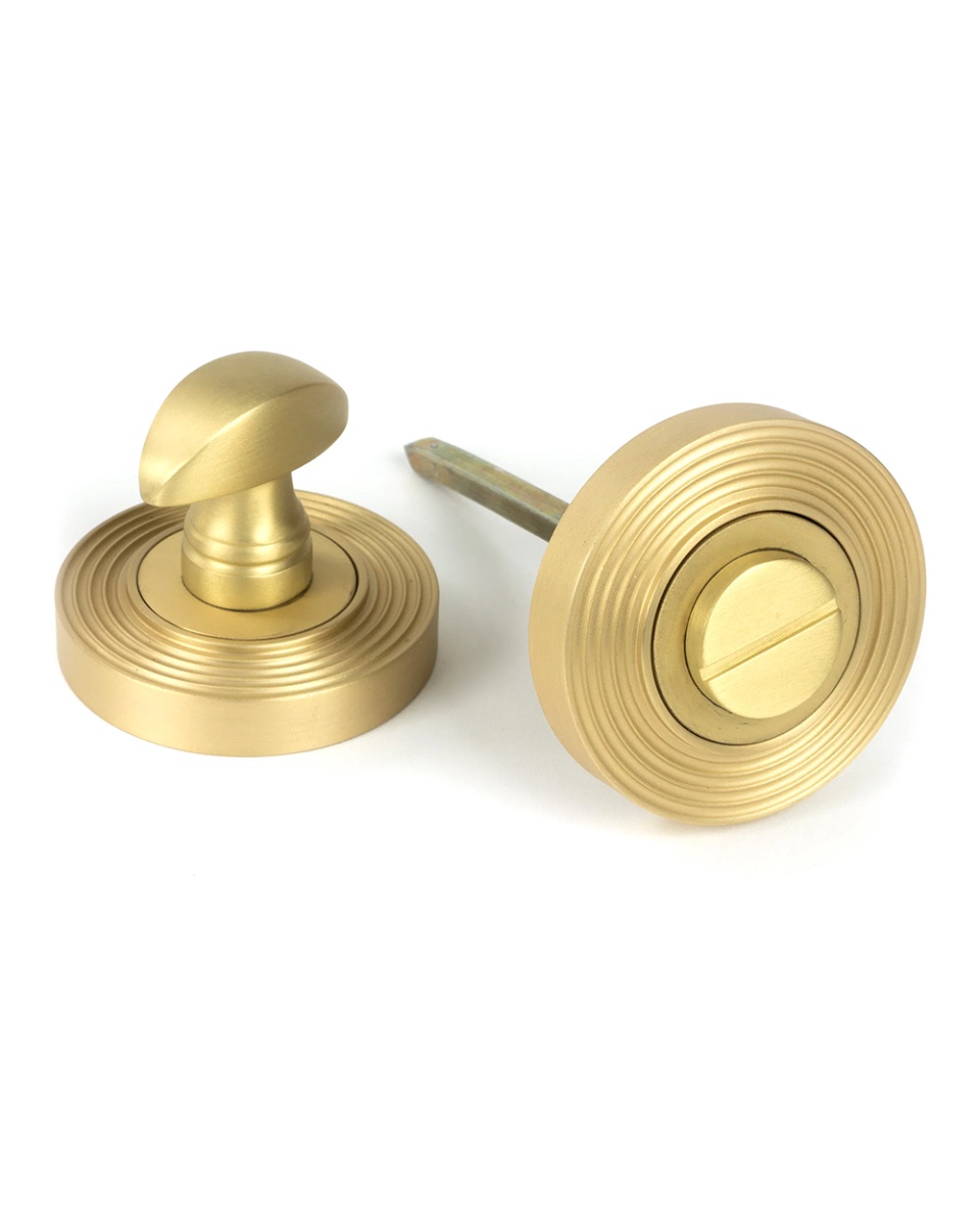 Round Satin Brass Bathroom Thumb Lock Set - Beehive