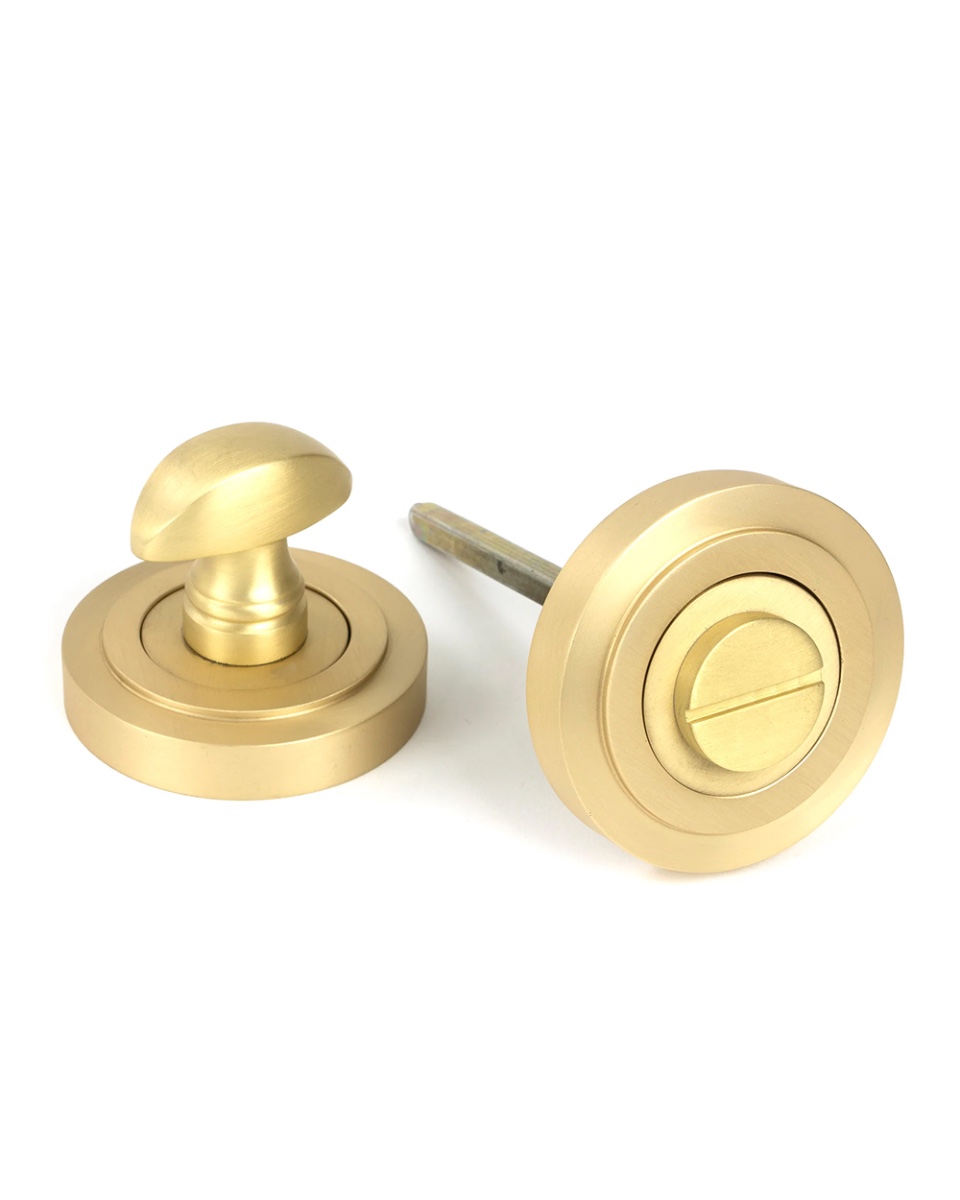 Round Satin Brass Bathroom Thumb Lock Set - Art Deco