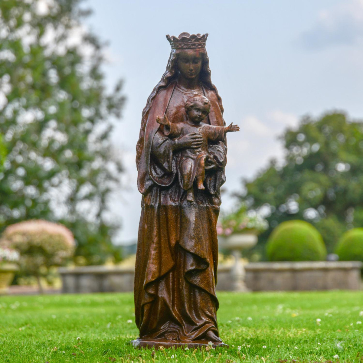 Cast Iron Mother Mary Holding Baby Jesus Sculpture
