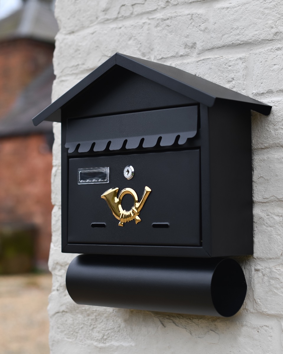 Black & Polished Brass 'Horn' Wall Mounted Post Box