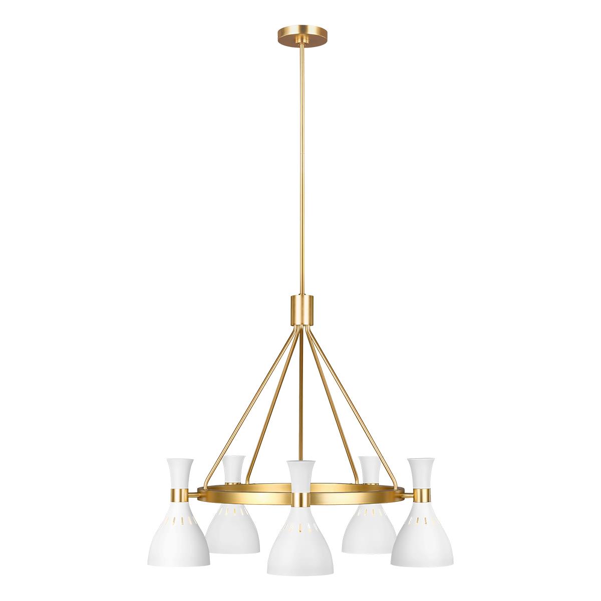 'Moderni' Five Light Chandelier-Matte White & Burnished Brass