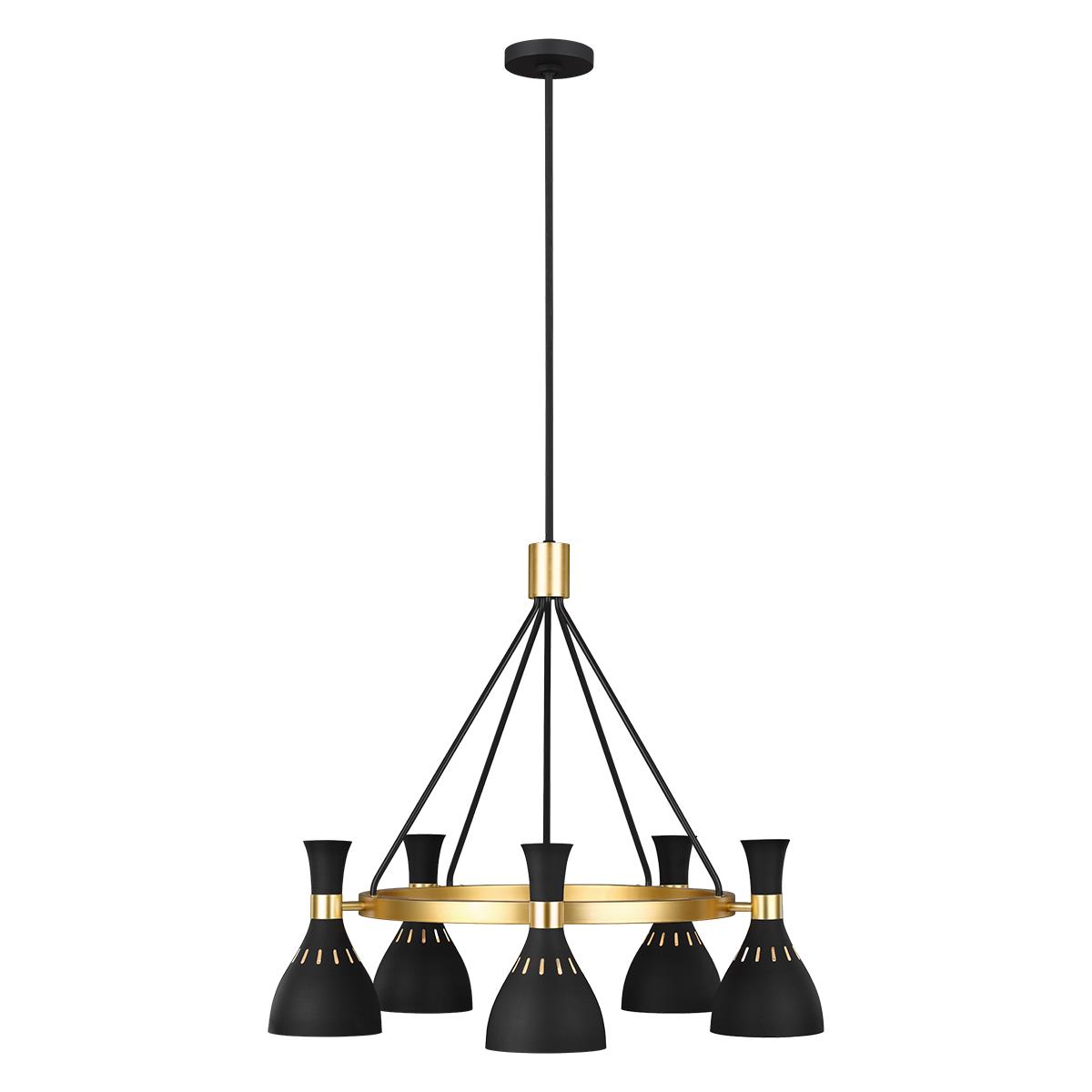 'Moderni' Five Light Chandelier-Midnight Black & Burnished Brass