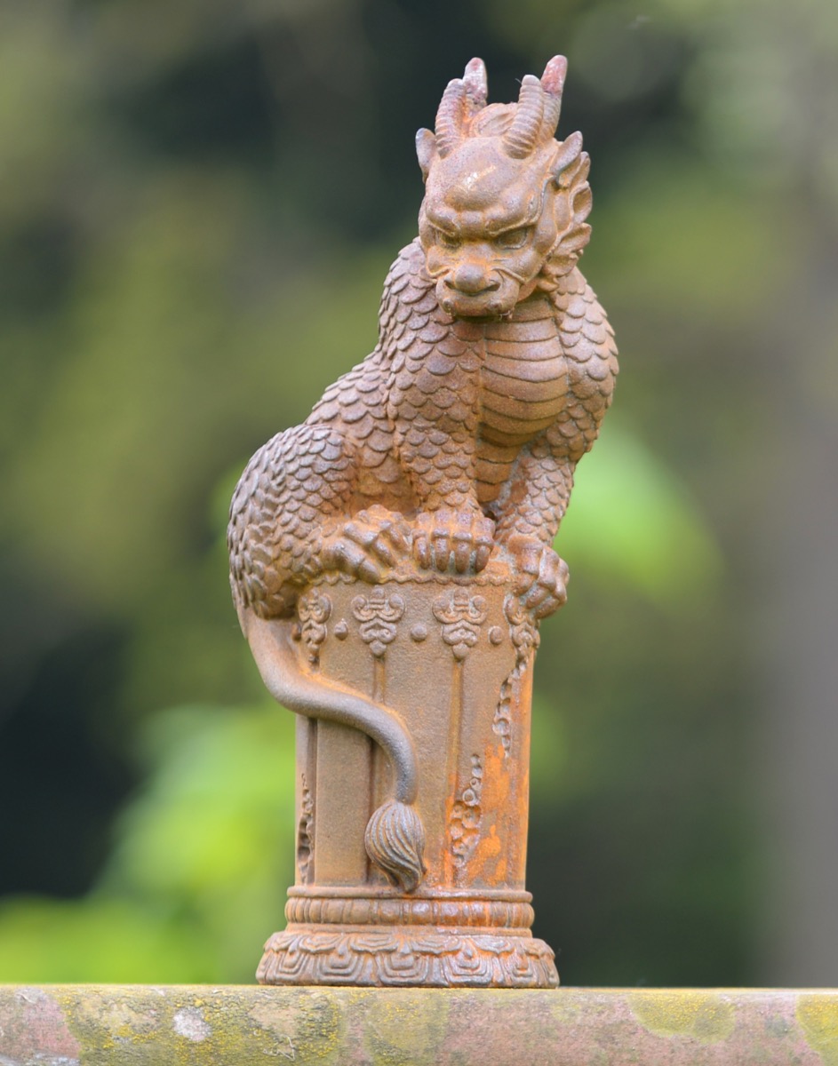 Rustic Cast Iron Dragon Climbing Pillar Garden Sculpture