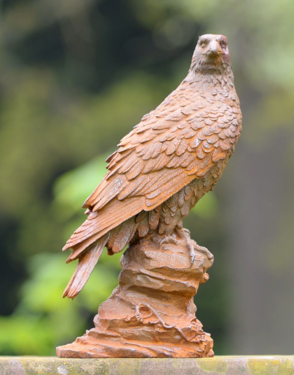 Rustic Cast Iron Eagle Perched On Rocks Garden Sculpture