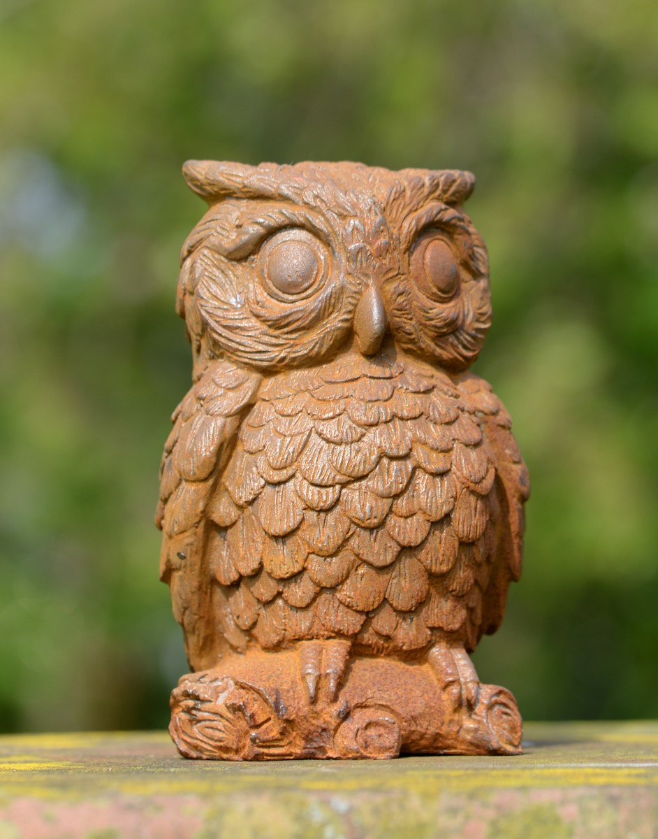 Rustic Cast Iron Horned Owl Garden Sculpture