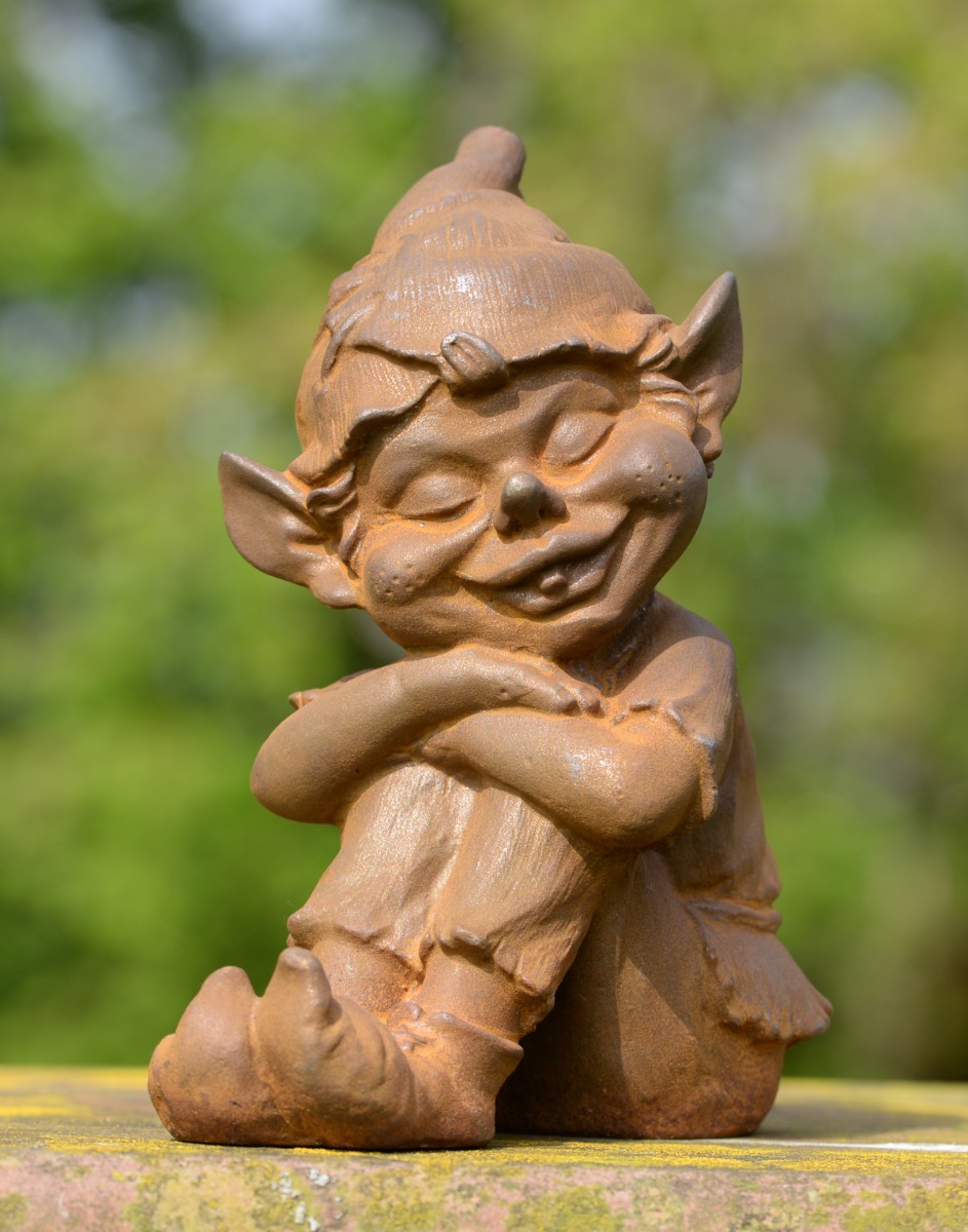 Rustic Cast Iron Sitting Garden Elf Sculpture