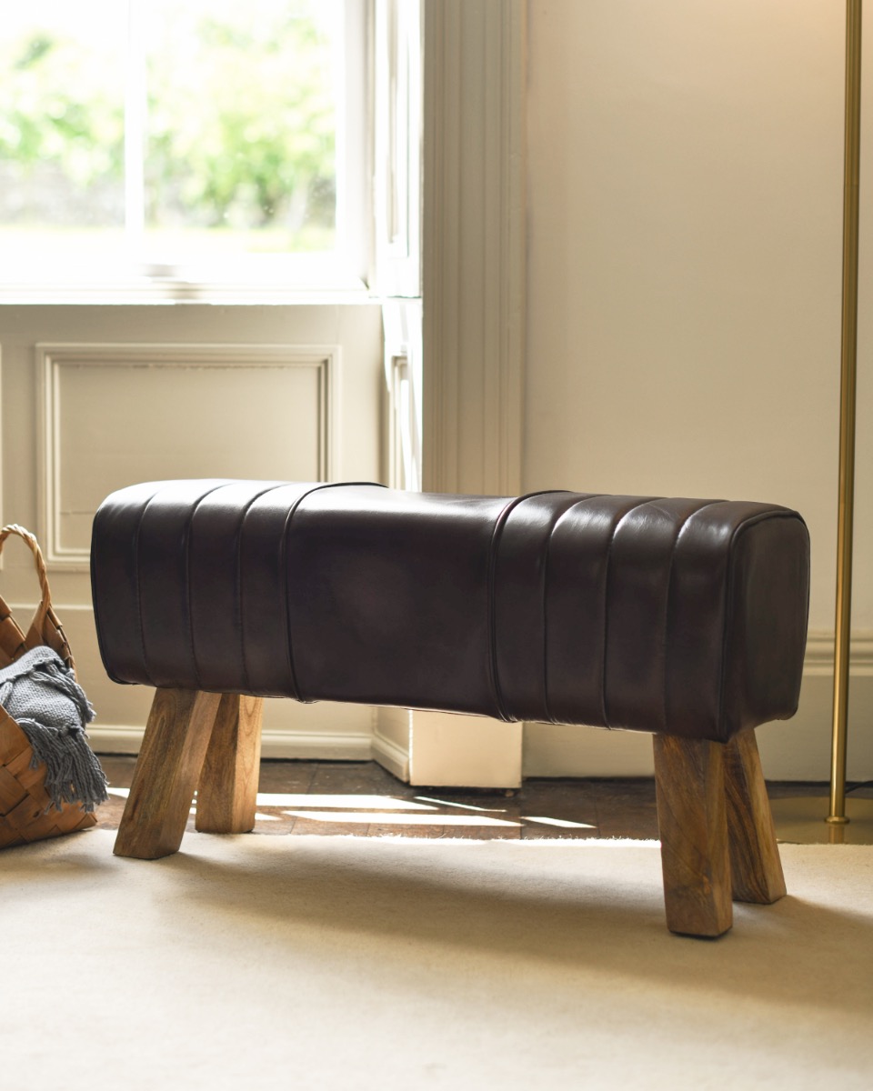 Mango Wood and Brown Leather Bench