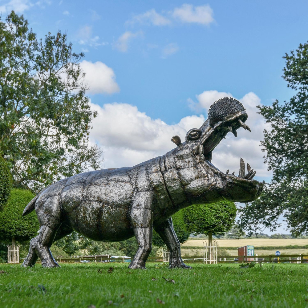 Recycled Oil Drum Battling Hippo Sculpture