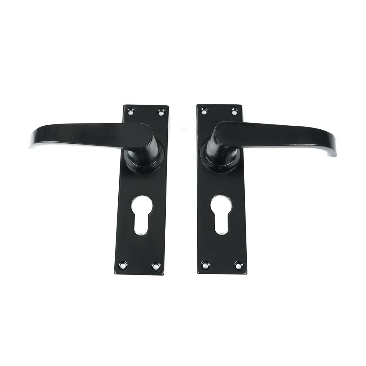 Traditional Smooth Black Lever Euro Lock Door Handle Set-Large