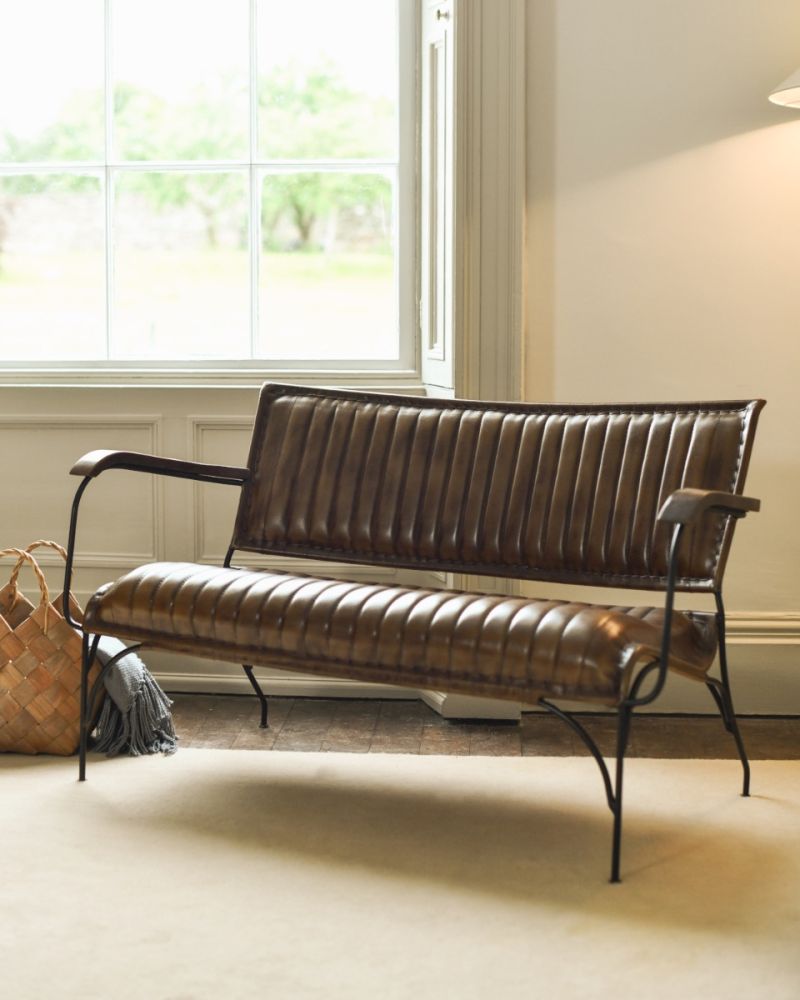 Iron & Brown Leather Two Seat Chair