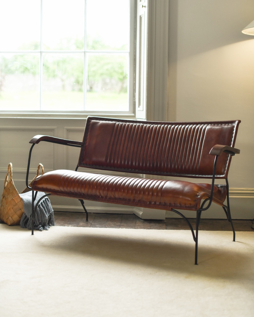 Traditional Two Seater Chair In Tan Leather & Iron