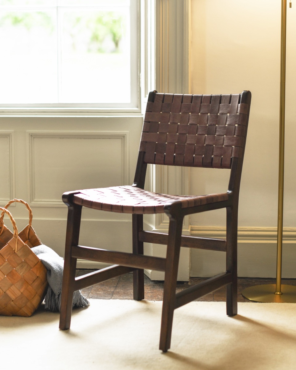 Traditional Woven Tan Leather & Wood Chair