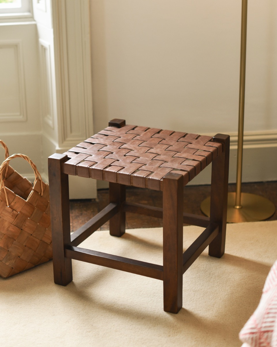 Woven Tan Leather & Wood Stool