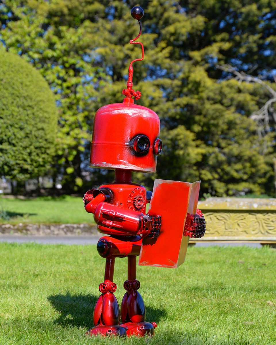 'Bookworm' The Reading Robot Garden Sculpture Recycled Metal Parts