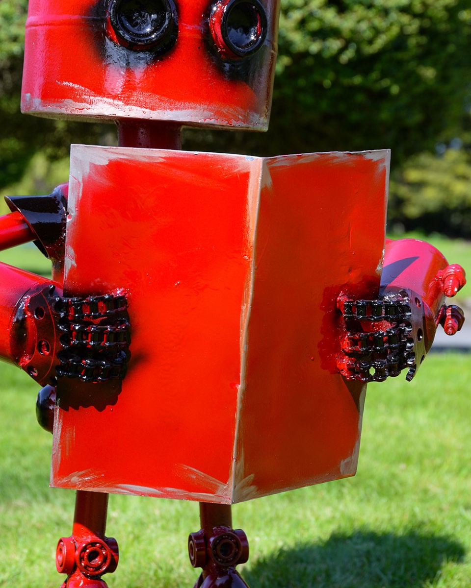 Robot Reading The Newspaper Garden Sculpture Recycled Metal Parts Hands And Book