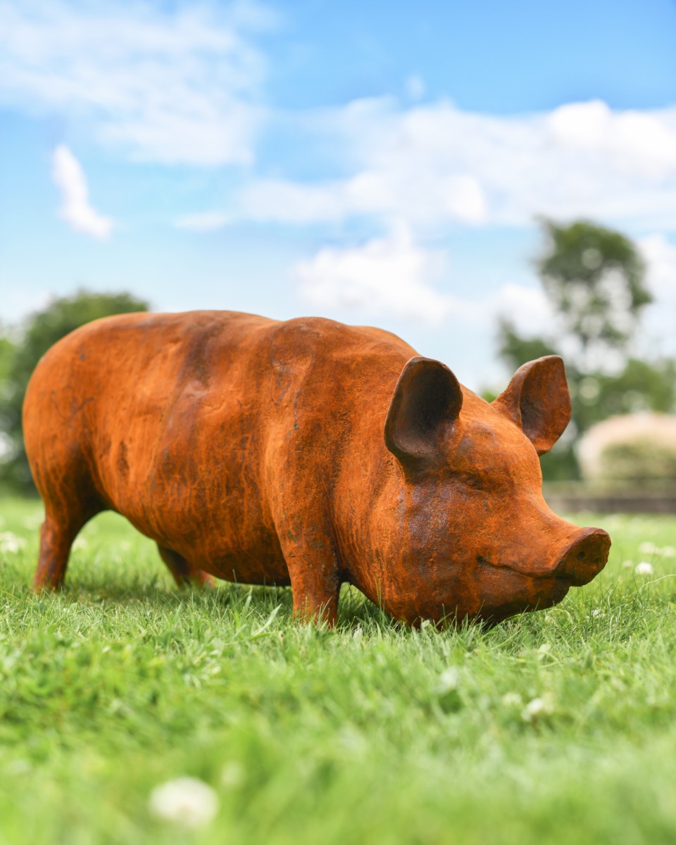 Rustic Cast Iron Pig Garden Sculpture