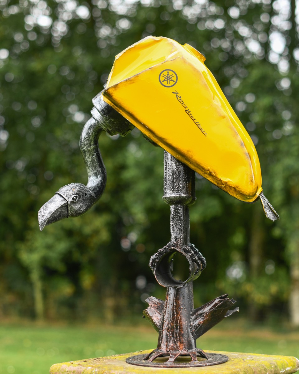 Rustic Yellow 'Revs' Fuel Tank Vulture Recycled Metal Sculpture