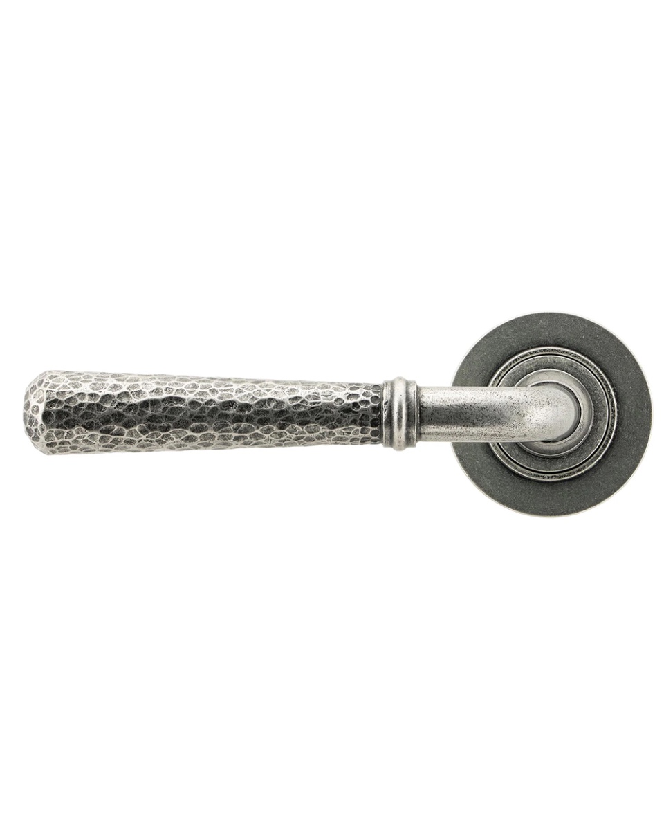 Antique Pewter Hammered Unsprung Lever Door Handle on Rose