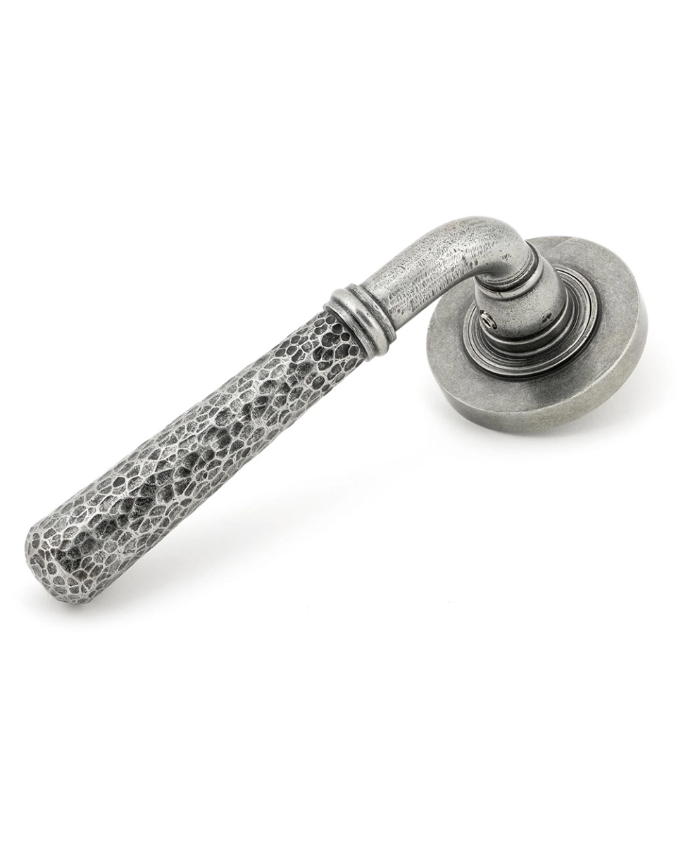 Antique Pewter Hammered Unsprung Lever Door Handle on Rose Side