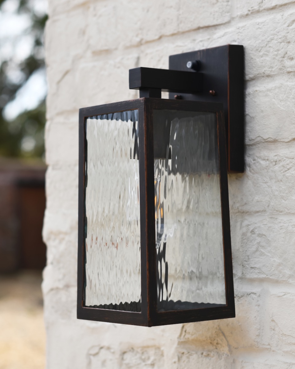 Contemporary Antique Copper 'Caja' Wall Light - Hammered Glass