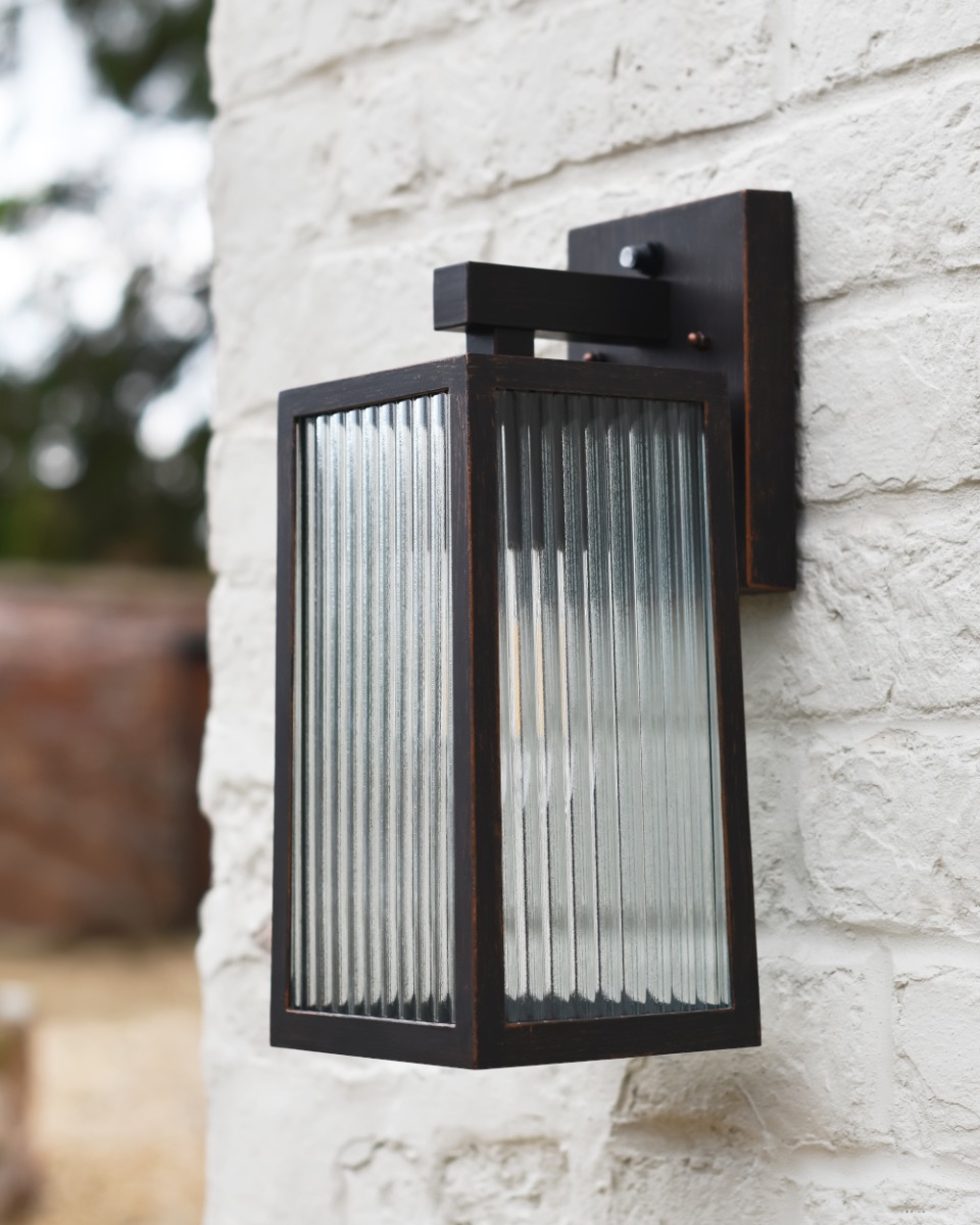 Contemporary Antique Copper 'Caja' Wall Light - Ribbed Glass