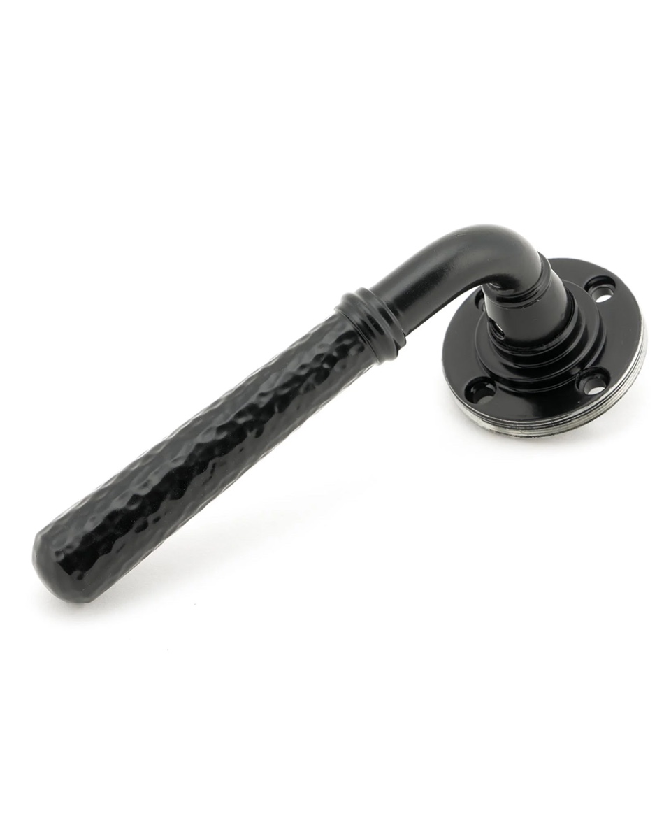 Contemporary Black Hammered Lever Door Handle on Art Deco Rose Fixings