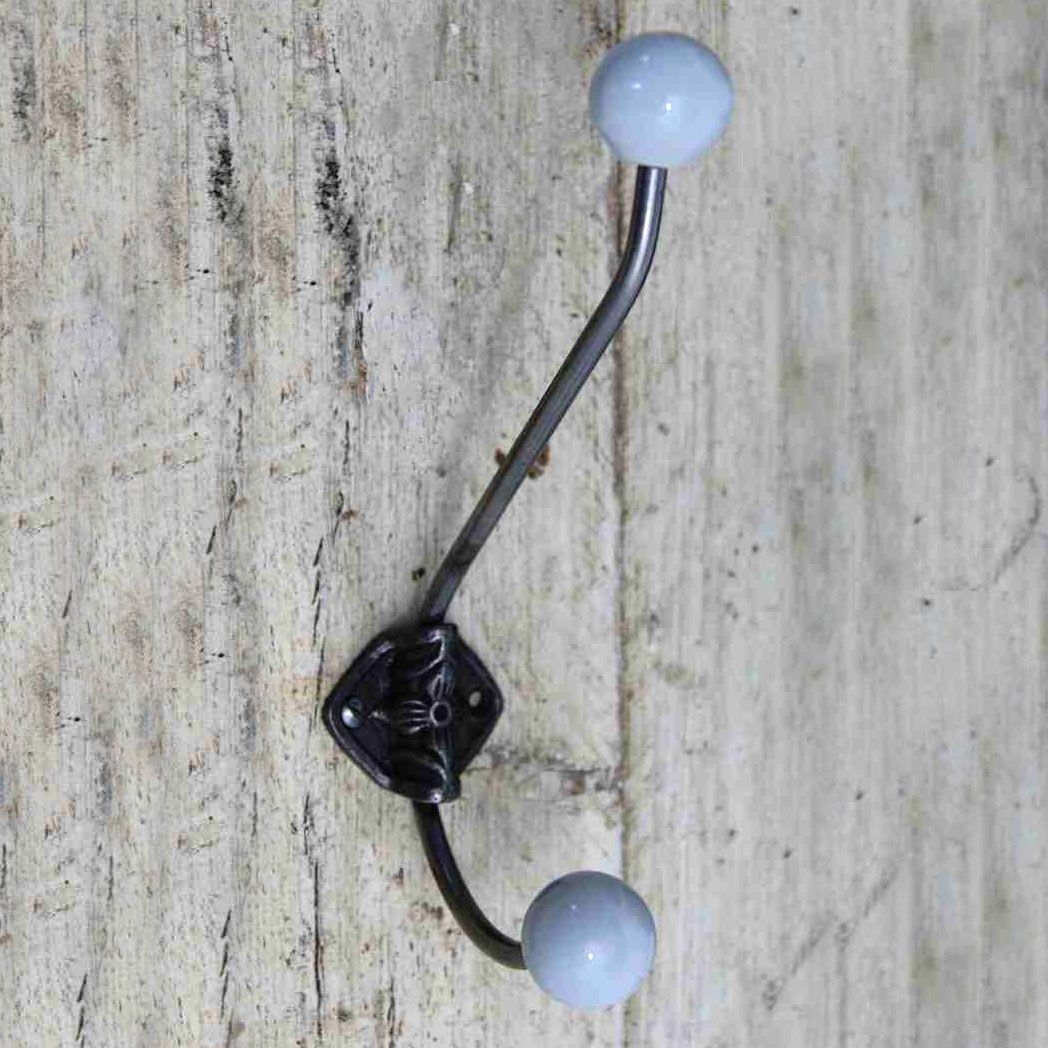 Floral Ornate Duck Egg Blue Ceramic Tip Large Iron Coat Hook