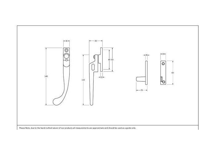 Modern Bright Chrome Peardrop Locking Window Fastener - Right Handed Dimensions