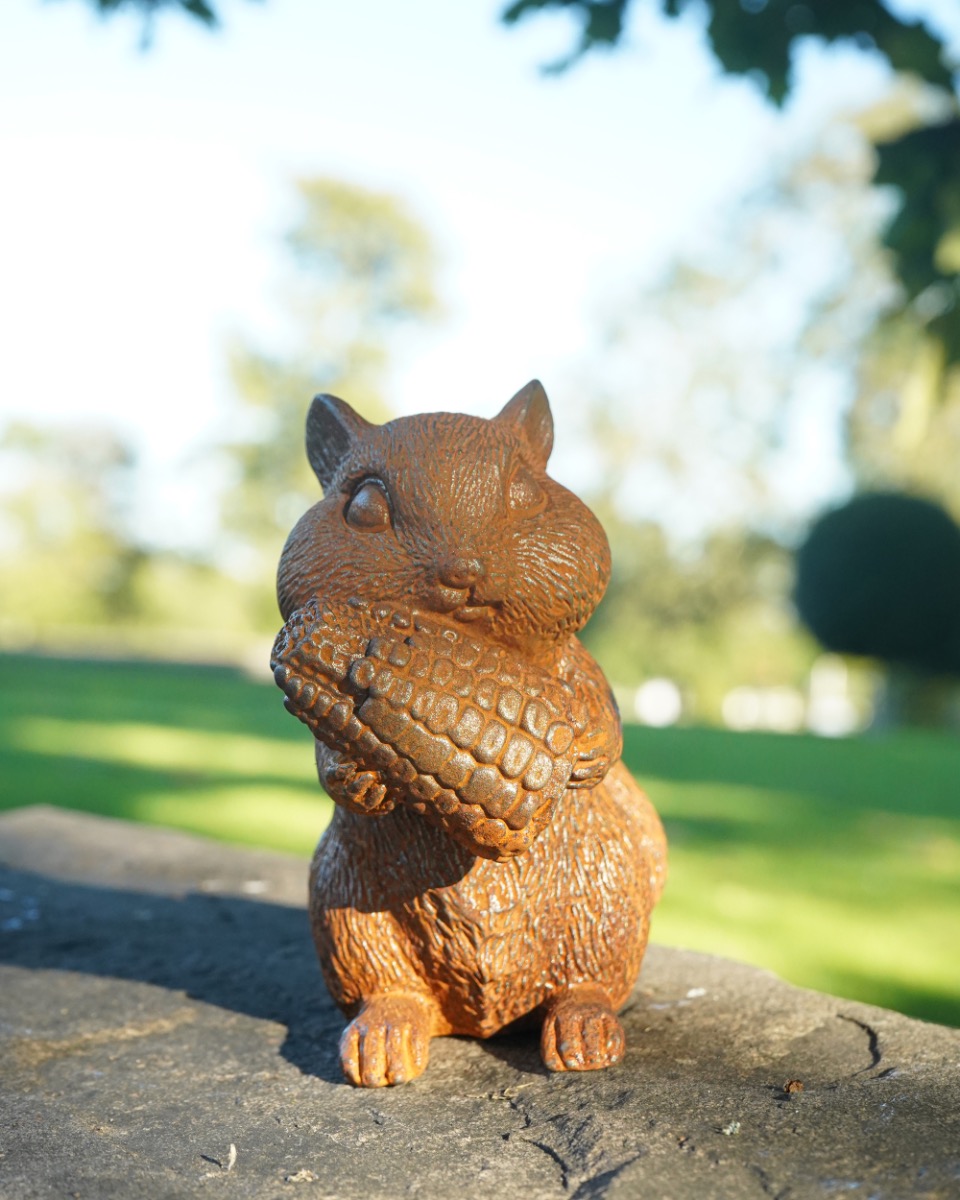Rustic Cast Iron Eating Squirrel Garden Sculpture