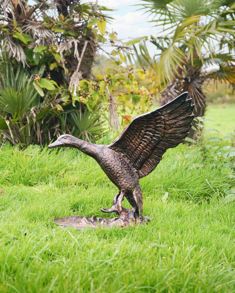 Cast Aluminium Flying Duck Sculpture In Brushed Bronze