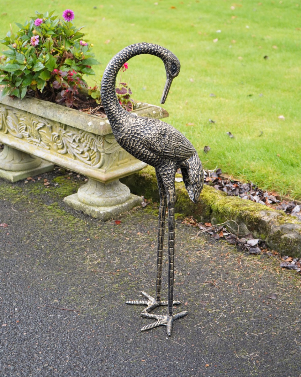 Deluxe Freestanding Heron With Head Down Garden Sculpture - Black & Gold