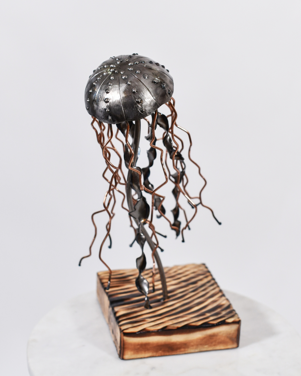 Metal Jelly Fish Artist Sculpture On A Wood Base
