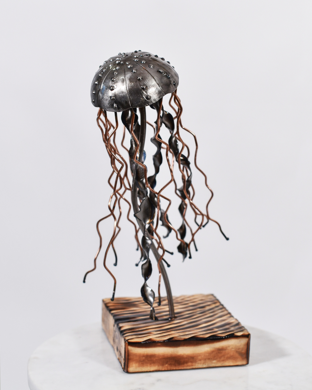 Metal Jelly Fish Home Ornament On A Solid Wood Base