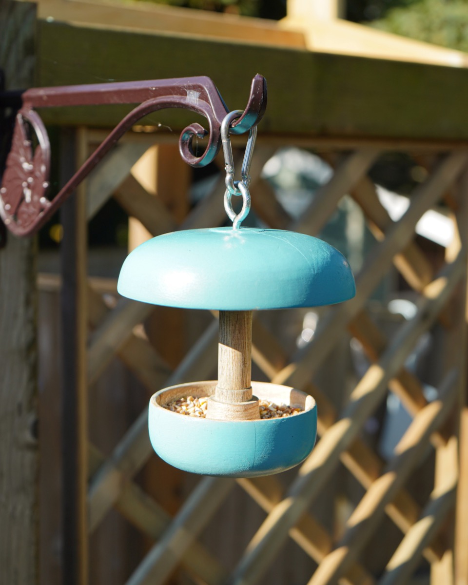 Wooden Light Blue 'Mushroom' Hanging Bird Feeder
