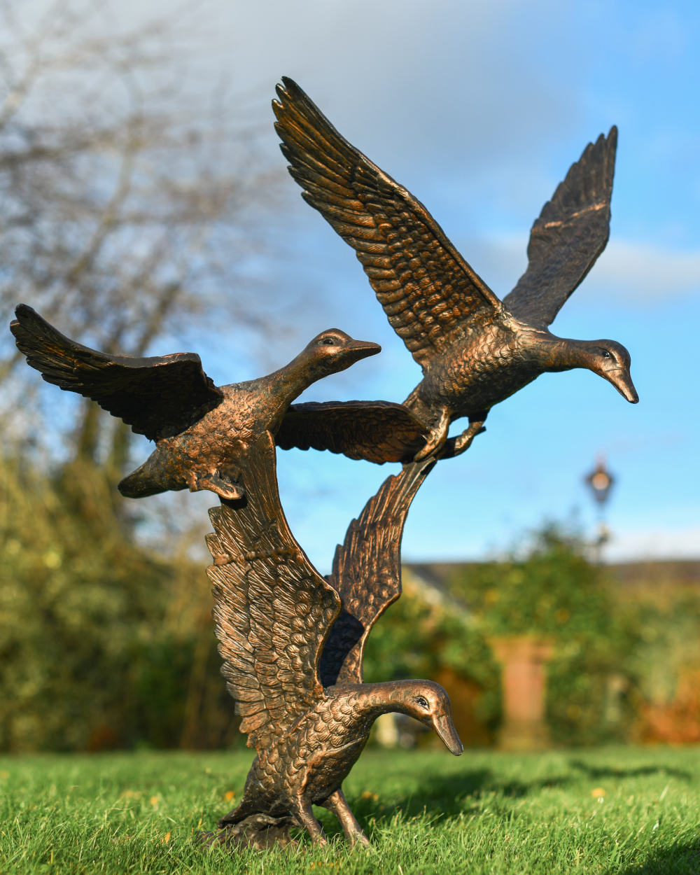 Cast Aluminium Copper & Bronze 'Ducks Taking Flight' Sculpture - 98cm