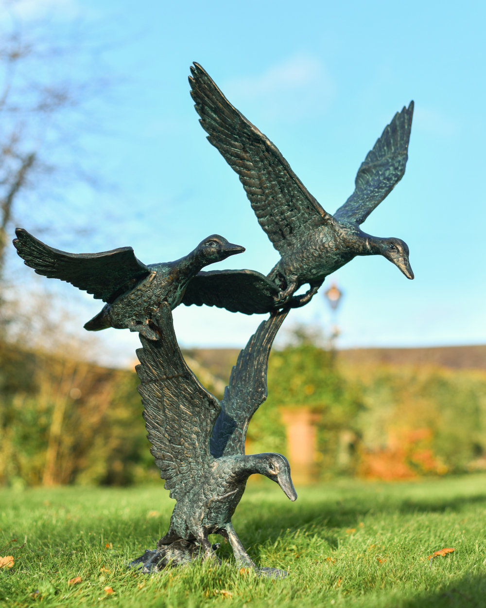 Cast Aluminium Verdigris 'Ducks Taking Flight' Sculpture - 98cm