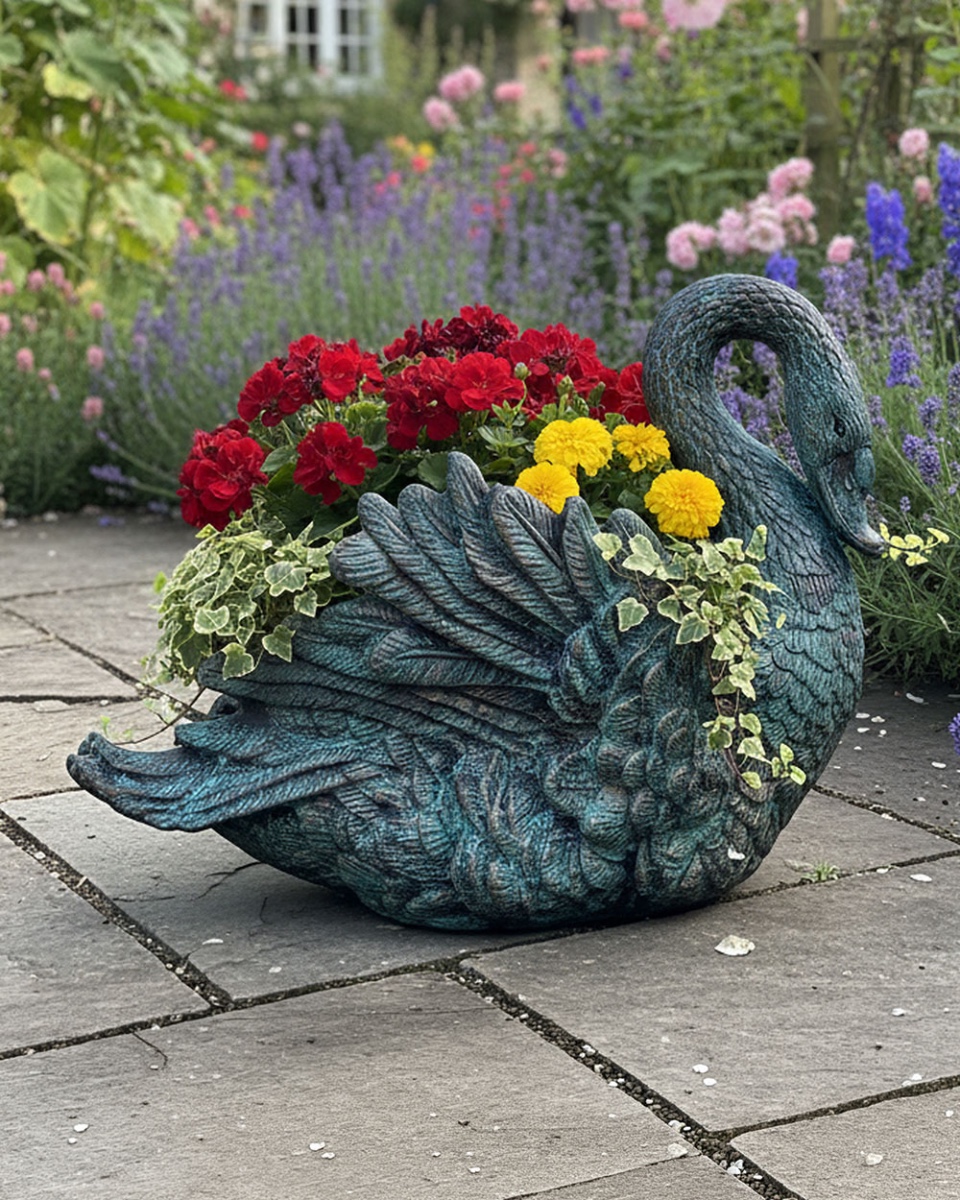 Cast Aluminium Verdigris Majestic Swan Planter