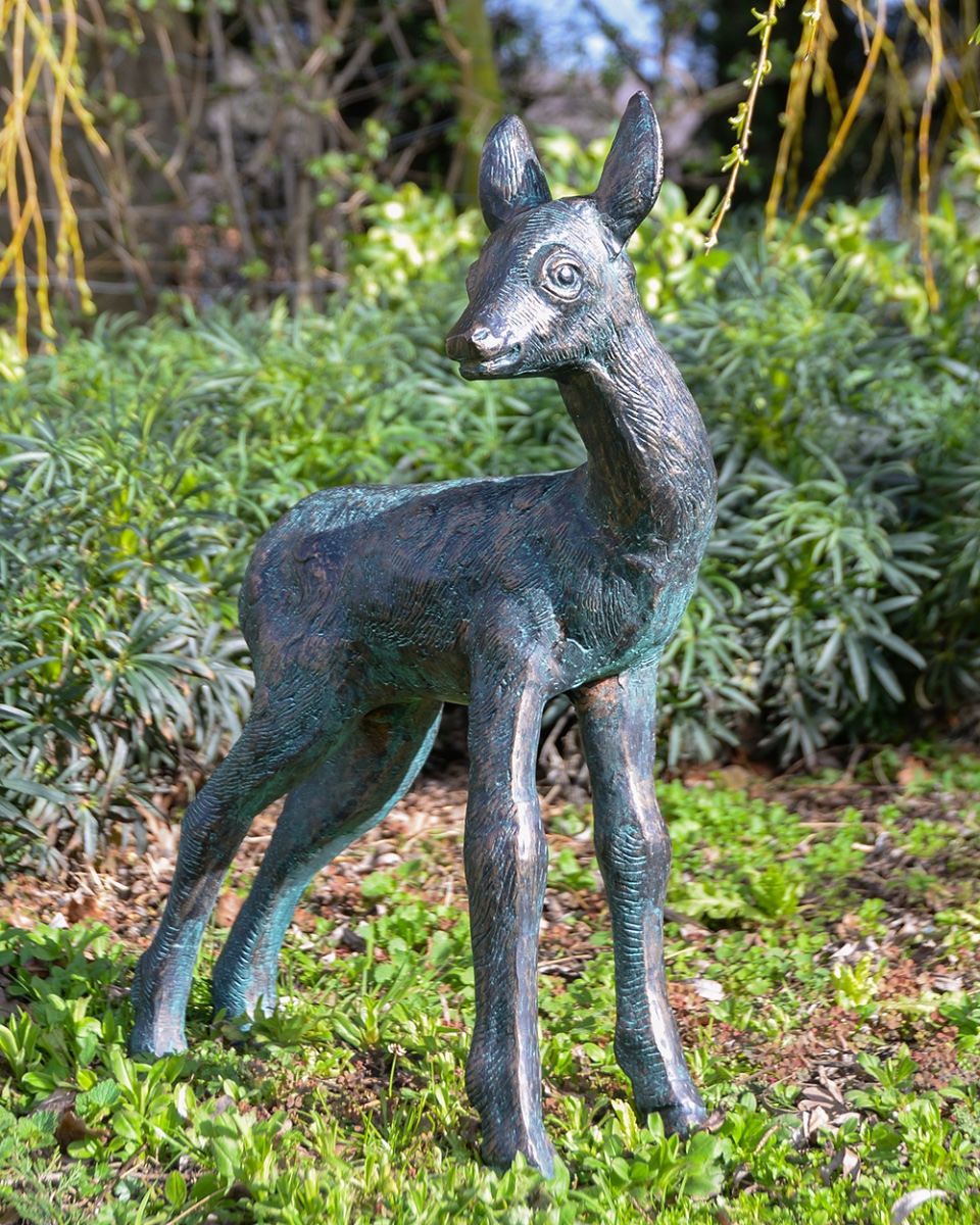 Cast Aluminium Verdigris Standing Fawn Sculpture - 61cm