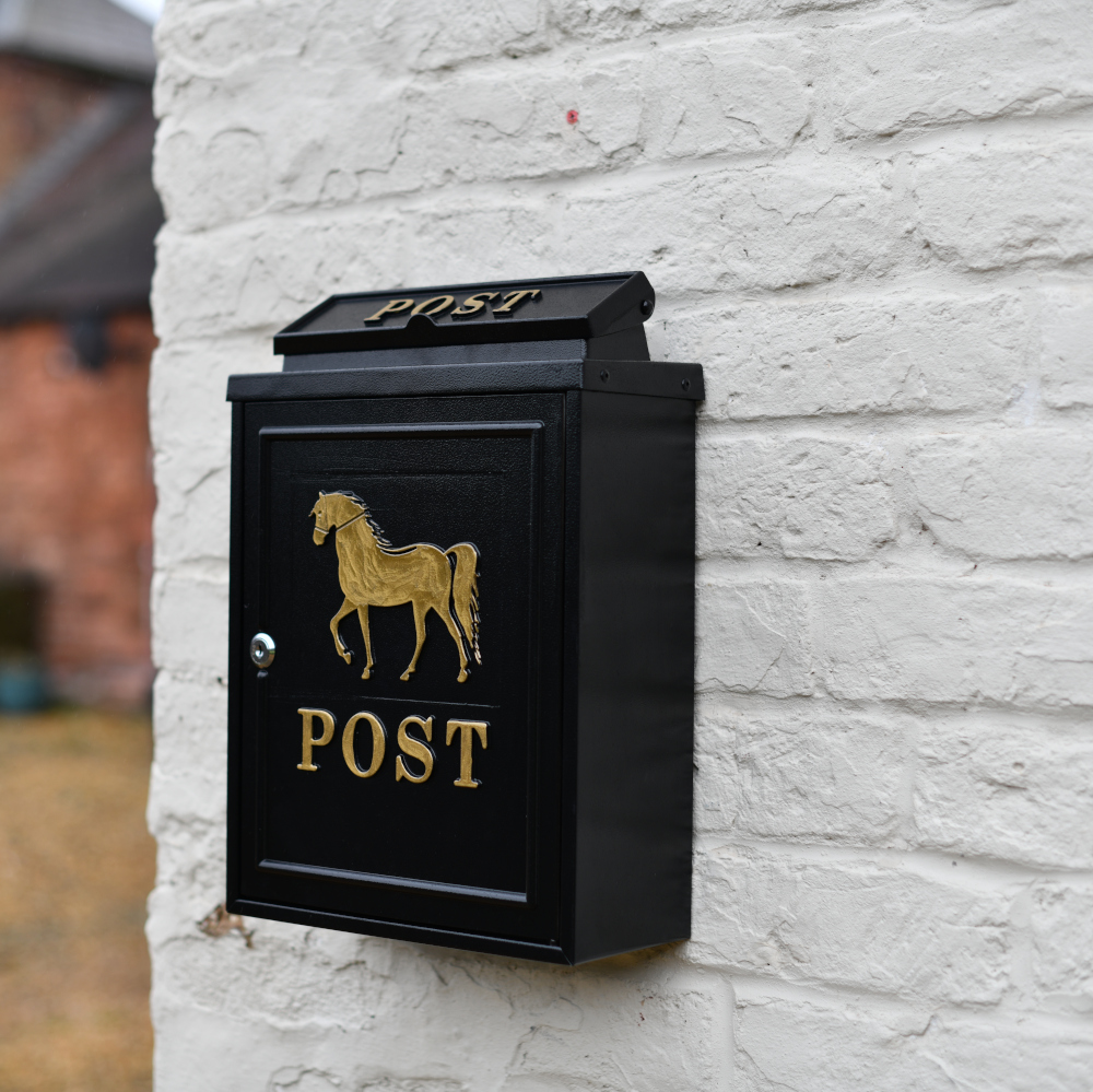 Gold Horse Motif Black Wall Mounted Post Box