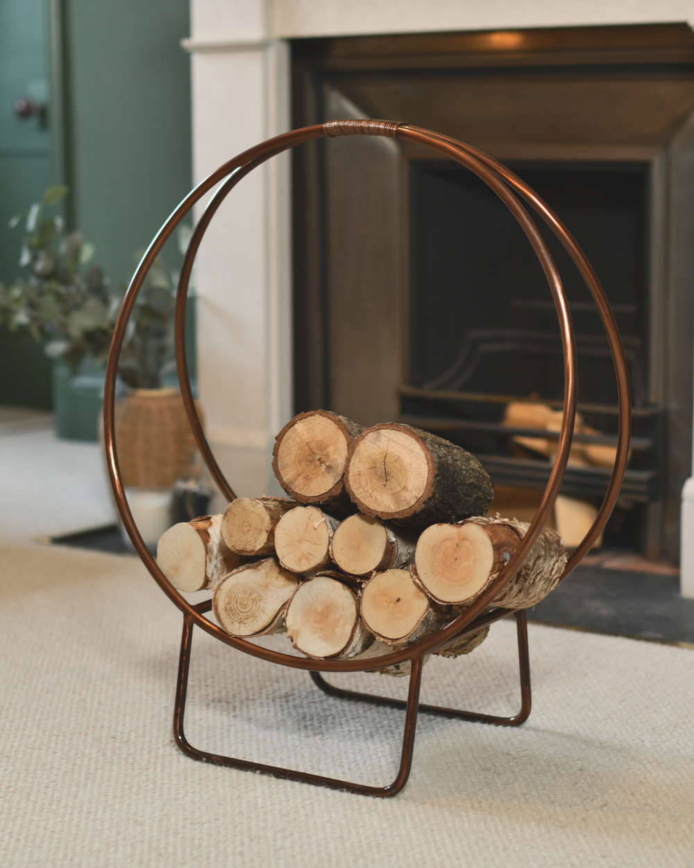 Modern Copper Circular Log Holder With Wrapped Brown Handle - 69.5cm