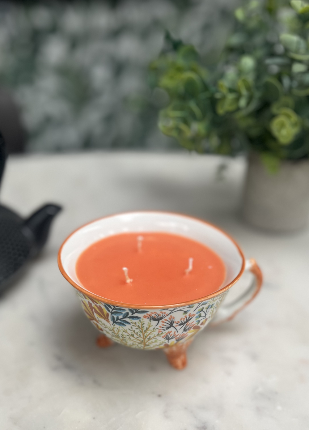 The 'Adalia' Orange Floral Ceramic Three Feet Teacup Candle