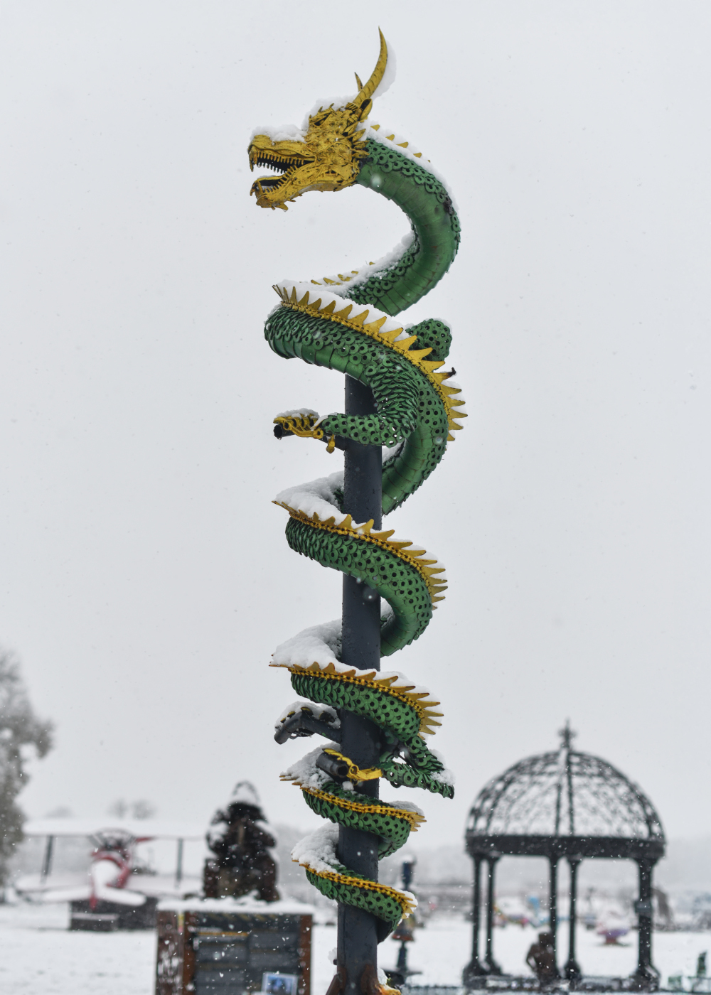 Recycled Metal Parts Green & Gold 'Eternal Dragon' Sculpture