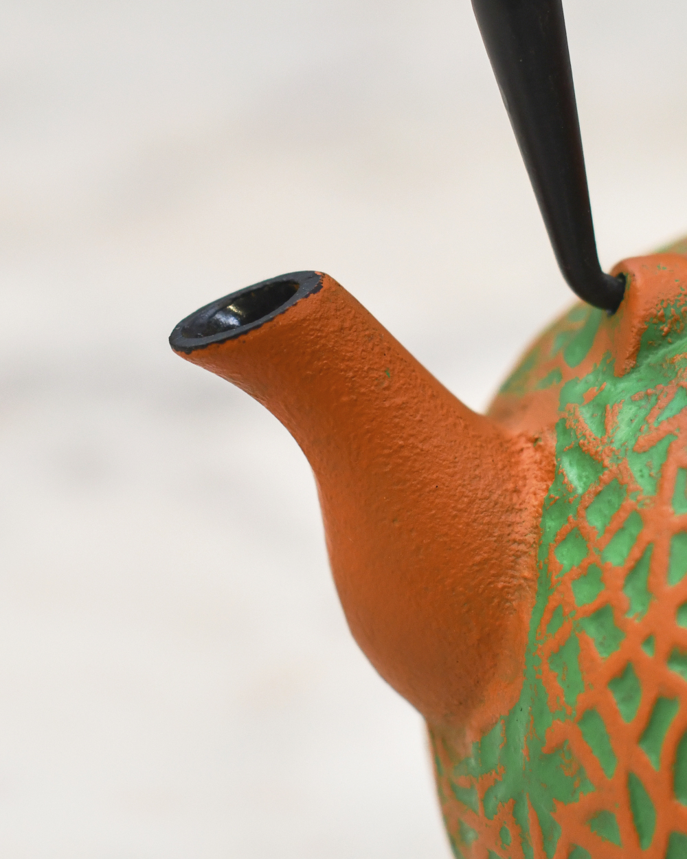 Cast Iron Japanese Vibrant Orange & Green Teapot Spout
