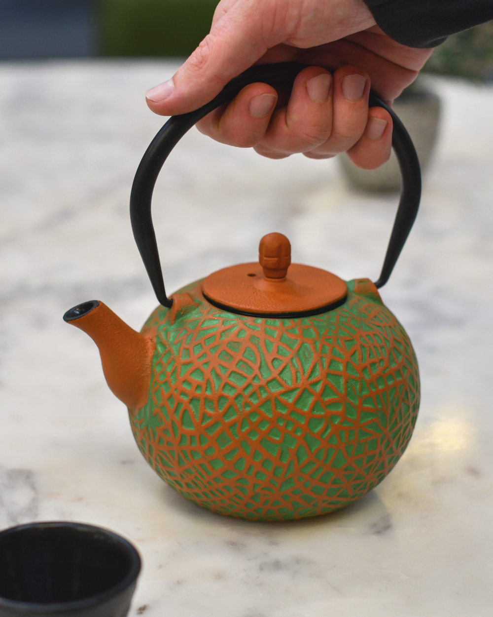 Cast Iron 'Yubari Melon' Japanese Vibrant Orange & Green Teapot To Scale