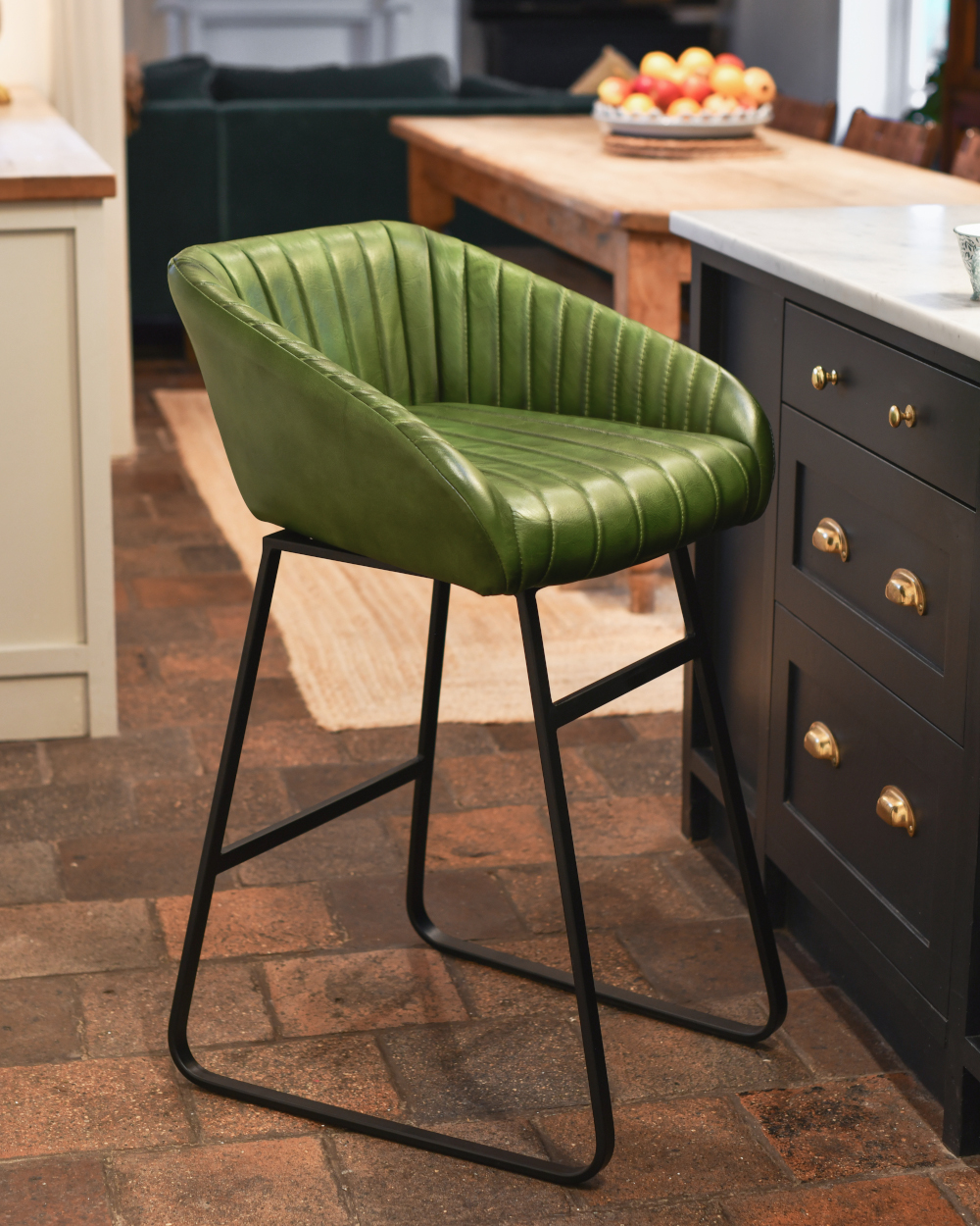 Iron & Vintage Green Leather Bar Stool - 93cm